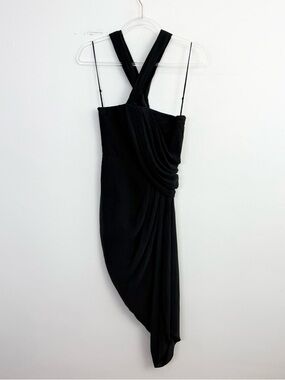 3.1 Phillip Lim Black Silk Draped Asymmetrical Dress Cross Back Cocktail 0